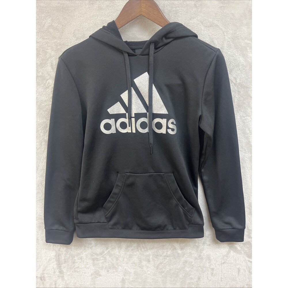 Adidas Hoodie Women’s M Sweatshirt Black Silver Glitter Graphic Logo Athletic